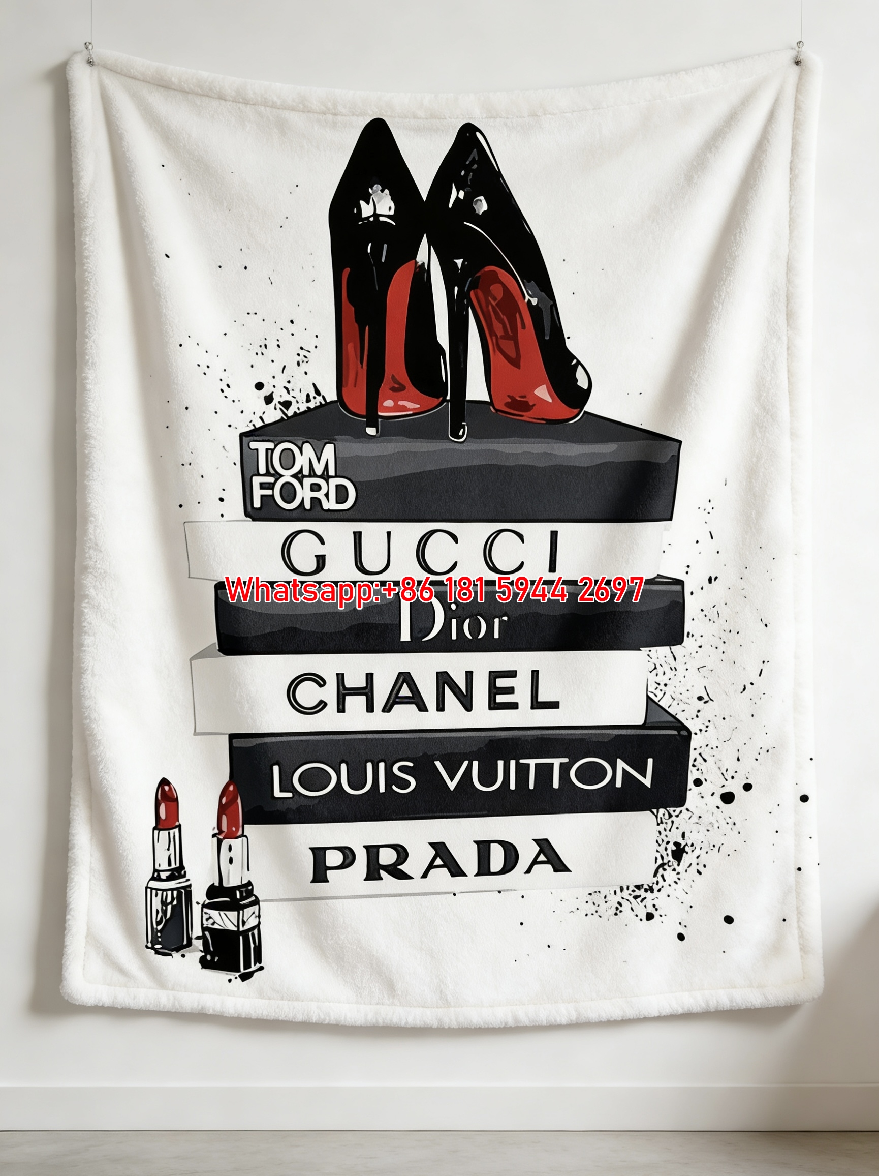 Prada Luxury Fashion Books Red Heels Print Black White Pink Fleece Sofa Throw Blanket IMG_2703